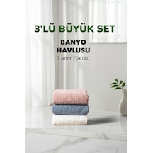 3 Lü Çizgili Havlu Takımı Pudra Beyaz Mavi Renk Yumuşak Pamuk Banyo Havlu Seti 70x140 Cm Renklı