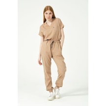 Bej Likralı Scrubs Kargo Cep Jogger Paça Doktor Hemşire Forması Yarasa Kol Takım Unisex