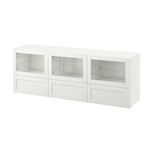 Tv Sehpası, Beyaz-şeffaf Cam, 180x40x64 Cm, Hanvıken/sındvık, Fren Raylı Beyaz