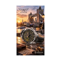Aircobra Gmt V.1.37.0.303.4 Takvimli Siyah Deri Kordon 42,8 Mm Erkek Kol Saati 10 Atm Gümüş - 929102202 Metalik