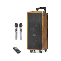 Çift Karaoke Mikrofonlu Bluetooth Hoparlör Fm Radyo 50w 2x8 İnç Rgb Kumandalı Ahşap Jbr8808