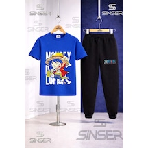 Ss Sinser Çocuk Anıme One Pıece Sol Yazı Baskılı Tişort Eşofman Takımı Mavi - Siyah