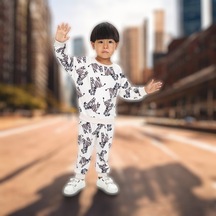 Lolliboomkids Unisex Çocuk Ekru Renk Zebra Desen 2 İplik Eşofman Takımı Krem