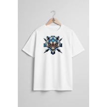 Oversize E Sport Logo Blue Tiger Göğüs Tasarımlı Unisex T-shirt Beyaz