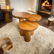 Wood Wooden Ahşap 3 Lü Set Fitilli Mantar Yan Sehpa Modern Tik Ağacı Renk Fiskos Kahverengi