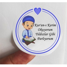 48 Adet 4 Cm Mavi Kalpli Kur'an-ı Kerim Okuyorum Yıldızlar Gibi Parlıyorum Baskılı Mat Etiket