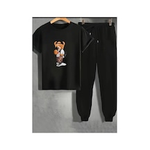 Medinenur Peluş Ayı Baskılı T-shirt Eşofman Altı Jogger Rahat Kalıp Siyah Eşofman Takım Siyah