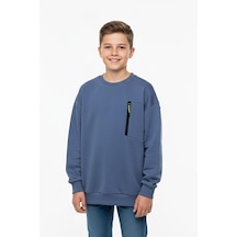 Bisiklet Yaka Cep Fermuar Detaylı Erkek Çocuk Sweatshirt-90853 İndigo