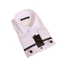 Dicotto Beyaz Büyük Beden Siyah Taş Düğmeli Damatlık Ata Yaka Kol Düğmeli Slim Fit Smokin Gömlek - 090 001