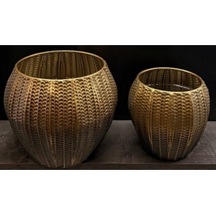 Metal Saksı S/2 Set 28-40 Cm Dekoratif Modern Şık 2 Li Salon Saksı Seti Altın