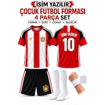 Yenteks İsim Yazılır Çocuk Futbol Forması Kırmızı Beyaz Özel Tasarım 4 Parça Forma+şort+çorap+bileklik Beyaz - Kırmızı