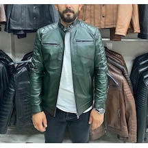 Nyc Giyim Tekstil & Deri Yeşil Karartmalı Hakiki Deri Spor Mont Ceket Slim Fit Yeşil