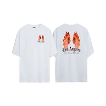 Thewert Unisex Los Angeles, Angels Come To The City Ön Arka Baskılı Beyaz Oversize T-shirt