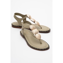 Luvishoes Luvi Shoes Helen Yeşil Hakiki Deri Parmak Arası Gold Tokalı Kadın Sandalet Yeşil