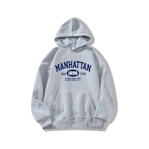 Manhattan Sweatshirt - Gri Baskılı Oversize Kapüşonlu Gri