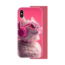 İphone Xs Max Uyumlu Pembe Gözlüklü Kedi Uv Baskılı Silikon Kılıf Renkli