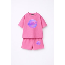 Fasardi Manifest Girls Logo Baskılı Oversize %100 Pamuk Tişört Şort 2li Çocuk Takım Pembe