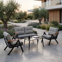 Venedik 2+1+1+sehpa Metal Balkon Takımı Keten Dokulu Kumaş Siyah Metal - Bahçe Teras Oturma Grubu