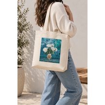 Lunora Collection Vazodaki Çiçek Baskılı Körüklü Kanvas Bez Çanta Ham Renk