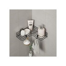 Yapışkanlı Banyo Köşeliği Köşe Rafı Duş Şampuanlık Duvar Düzenleyici Organizer Raf Siyah Metal Açık Ceviz