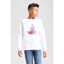 Tshirthane Sıcak Yoga Lotus Pozisyonu Baskılı Unisex Çocuk Beyaz Sweatshirt Beyaz