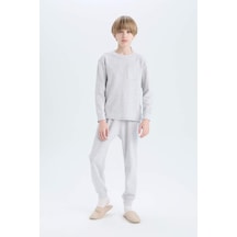 DeFacto Erkek Çocuk Pijama Takımı Waffle Bisiklet Yaka Uzun Kollu Üst Beli Lastikli Uzun Alt D9977A825SPGR400