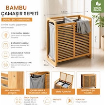 Doğal Bambu Çamaşır Sepeti 70 Litre 2 Gözlü Kirli Çamaşır Sepeti Modern Tasarım