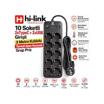Hi-link 10 Soketli 2xtype-c +2xusb Girişli 2 Metre Kablolu Akım Korumalı Grup Priz 2 m