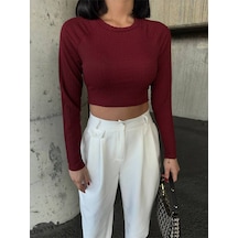 Lymens Şık Ve Modern Burgu Sırt Detay Crop Uzun Kollu Bisiklet Yaka Bluz Bordo