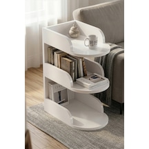 Yan Sehpa Modern 3 Katlı Kitaplıklı Çok Amaçlı Dekoratif Sehpa Minimal Tasarım 6103 Traverten Beyaz