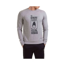 I Am Hungry Baskılı Gri Erkek Örme Sweatshirt