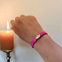 Archin B Harfine Özel Taç Motifli 14 Ayar Altın Plakalı Doğal Pembe Derili Hediye Bileklik-642harf B