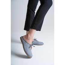 Analin Shoes Kadın Hakiki Deri Fiyonk Detaylı Düz Terlik Gri