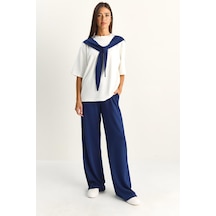 Kadın Şal Detaylı Basic T-shirt Beli Lastikli Bol Pantolon Alt-üst Modal Takım 4116 60286084 - Lacivert-beyaz Çok Renkli
