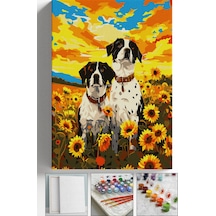 Sayılarla Boyama Seti Numaralı Tuval Fırça Boya Askı Aparatı Dahil Set 40x50 Cm - Ay Çiçeği İçinde Köpekler