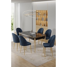 Canisa Rada Serisi 80x132 Açılabilir Lak Panel Siyah Mermer Desen Masa 6 Antrasit Sandalye Gold Detay Masa Siyah Mermer Sandalye Antrasit Gold Ayak