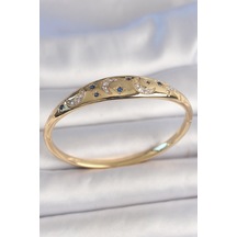 Pirinç Gold Renk Zirkon Taşlı Hilal İşleme Mavi Taşlı Yıldız Detay Kadın Kelepçe - Tj-bb6920 Gümüş
