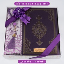 Kuran + Seccade + Tesbih Hediye Seti Hafız Boy, Ekonomik Cilt, Desenli Kutu, Mor
