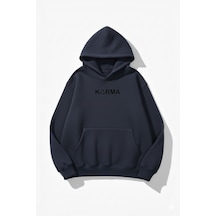 Uyguntarz Unisex Yumuşak Dokulu Karma Baskılı Tasarım Oversize 3 İplik Hoodie Sweatshirt Indigo