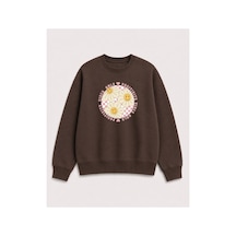 Herkesemoda Gülen Yüzler Emoji Baskılı 2 İplik Şardonlu Bisiklet Yaka Sweatshirt Kahverengi