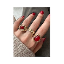 Lunarie Vintage Dövme Kırmızı Taşlı 3'lü Yüzük Seti Altın