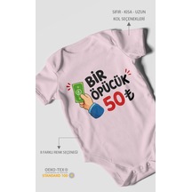 Morivokids Bir Öpücük 50tl Kısa Kollu Bebek Body %100 Pamuk Bebe Pembe