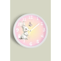 Sevimli Tavşan Temalı Çocuk Odası Modern Duvar Saati - 42cm - Önü Camlı Beyaz Kasa Beyaz