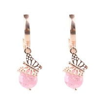 925 Ayar Gümüş Buzlu Pink Quartz Taşlı Kelebek Küpe