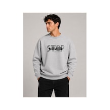 Herkesemoda Stop Never Detaylı Bisiklet Yaka Şardonlu 2 İplik Sweatshirt Gri