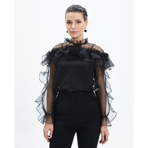 Kadın Volan Detaylı Şifon Bluz Çiçek Yaka Tasarım, Uzun Kollu Siyah