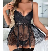 Ang Butik Kadın Siyah Dantel İşlemeli Jartiyerli Gecelik Takımı