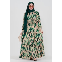 Batik Desen Gizli Düğmeli Viskon Elbise-yeşil-3327-kiremit