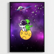 Besay Kozmik Dostluk Modern Çocuk Odası Duvar Dekorasyonu Ufo Ve Gezegen İllüstrasyonlu Komik Tablo Seti 3'lü Set A3 Çerç