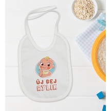 BK Kids Üj Bej Aylık Tasarımlı Beyaz Bebek Mama Önlüğü-1